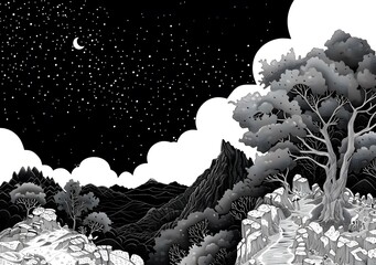 Wall Mural - Night Sky Mountain Landscape Illustration