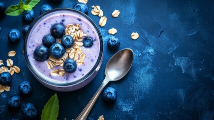 Wall Mural - Blueberry oatmeal smoothie on the table