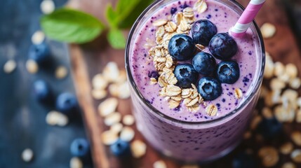 Wall Mural - Smoothie with blueberries and oatmeal there