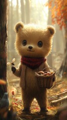 Poster - A brown teddy bear holding a basket of food