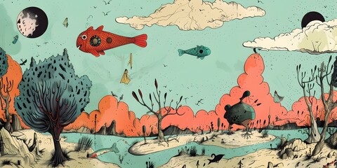 Surreal Landscape with Flying Fish and Abstract Structures