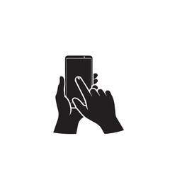 Hand holding a phone vector silhouette. Hand with mobile silhouette.