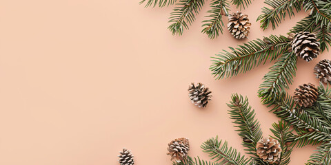 Winter banner with fir cones and fir branches on beige background with copy space