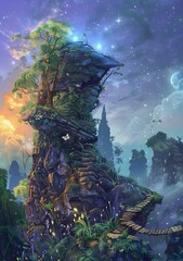 Wall Mural - Fantasy Landscape with Tree Growing on Rock