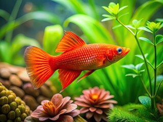 Vibrant red molly fish swims in a well-planted aquarium, its bright orange-red scales glistening in the light, surrounded by lush green aquatic plants and driftwood.