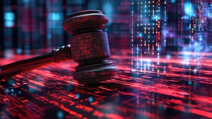 A wooden gavel rests on a digital background of code, symbolizing the legal implications of technology.
