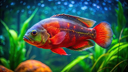 Vibrant red Oscar fish swims solo in a serene, well-planted freshwater aquarium, its scales glistening in the soft light, creating a calming underwater atmosphere.