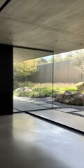 Canvas Print - Modern Minimalist Concrete Interior With Glass Wall Looking Out To A Japanese Garden