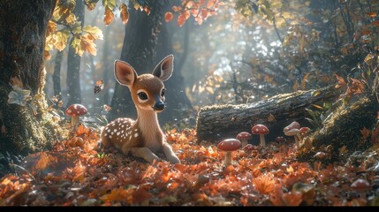 Wall Mural - A fawn sitting in the middle of a forest