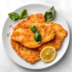 Crispy chicken schnitzel with lemon and basil on white plate