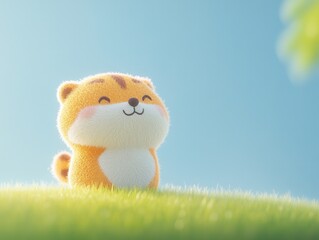 A cheerful plush toy cat sits on vibrant green grass, basking in gentle sunlight under a clear blue sky.