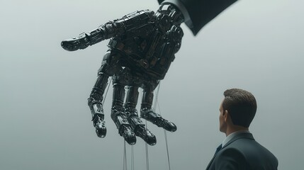 A man is looking at a robot hand that is being pulled by a string