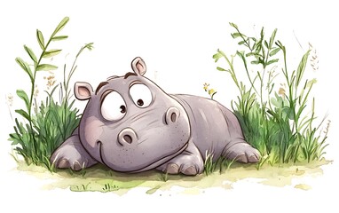 Cute Cartoon Baby Hippo Relaxing on Grass in Whimsical Style with White Background