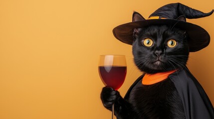 A black cat wearing a witch's hat and a black cape holding a wine glass