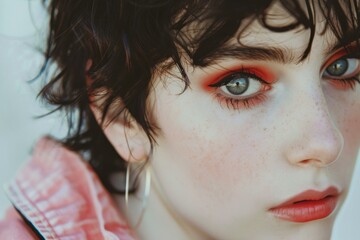 Wall Mural - Young woman with freckles is posing with trendy orange makeup and short dark hair