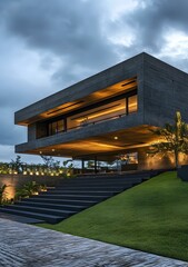 Wall Mural - Modern Concrete House with Green Lawn and Steps