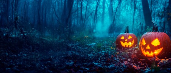 Halloween pumpkins glow in the dark forest, a spooky Halloween background with glowing jack-o'-lanterns on the ground, a fantasy illustration, a night scene,