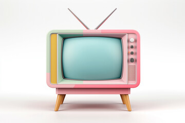 A retro television set with pastel color scheme and wooden legs, evoking nostalgia and charm. This vintage style TV is perfect for adding playful touch to any space.