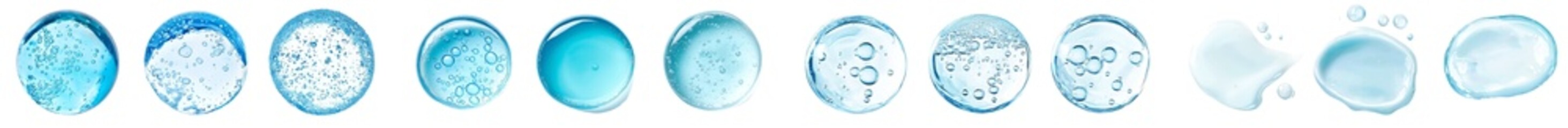 This is a glycerin gel texture and a blue serum toner drop isolated on a white background. This is a liquid gel moisturizer with bubbles macro.