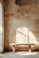 Rustic Wooden Bench Against a Weathered Wall with Sunlight