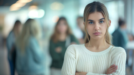 Wall Mural - A sad, unhappy depressed businesswoman standing office and a blurred group of employees looking, laughing at her. bullying workplace, management conflict, gossiping, Gender Inequality concepts.