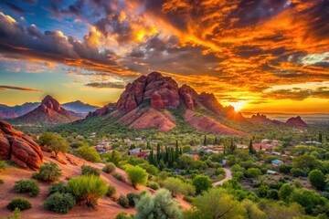 Wall Mural - Vibrant sunset casts a warm glow on Camelback Mountain's unique red rock formations, surrounded by lush greenery and tranquil desert landscapes in Arizona.