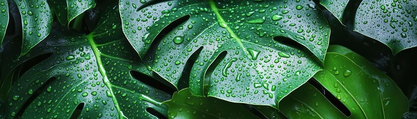 Wall Mural - monstera leaves wet with water droplets, tropical forest flat design, top view, fresh and green, water color, Triadic Color Scheme