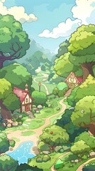 Cartoon Illustration of a Forest Village with Two Houses