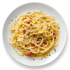 Delicious spaghetti carbonara with parmesan and black pepper garnish on white plate