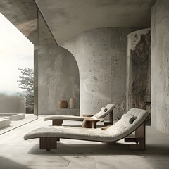 Minimalist Interior Design with Two Lounge Chairs and a Stone Wall