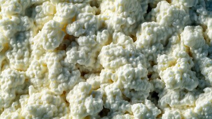 Popcorn Texture. Close-up view of popped popcorn kernels, showing their irregular, fluffy white shapes and creating a textured, monochromatic background.