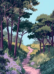 Wall Mural - Forest Path Illustration With Pink Flowers