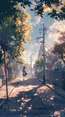 Canvas Print - Anime Illustration of a Girl Walking Alone in a Japanese Street