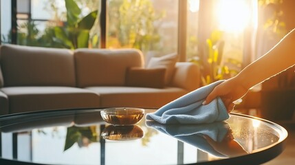 Wall Mural - A person cleans a glass coffee table in a sunlit living room with plants and cozy furniture in the background during early evening hours