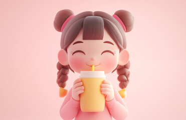 Wall Mural - Hand drawn cartoon illustration of cute girl drinking juice
