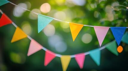 Colorful bunting flags on bokeh background for summer garden event party, celebration concept with generative ai