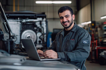 a happy arabian mechanic, in a work uniform, operates a laptop while working on a truck in a modern 