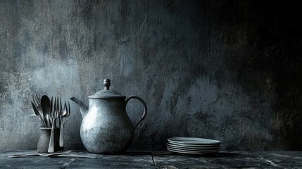 A vintage kitchen scene featuring a kettle, utensils, and plates on a textured surface.