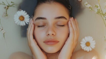 Wall Mural - Serene woman floating in water with daisies surrounding her 