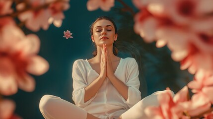 Wall Mural - Woman meditating outdoors surrounded by cherry blossom flowers