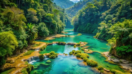 Wall Mural - Vibrant turquoise water flows gently over lush green vegetation and ancient rock formations at Semuc Champey Natural Monument in Guatemala's tropical rainforest landscape.