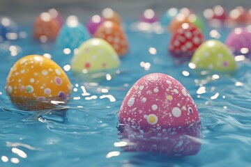 Wall Mural - Colorful easter eggs floating in water. 3d render illustration with generative ai