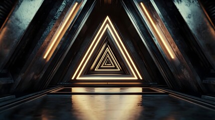 Canvas Print - Illuminated Geometric Tunnel with Glowing Triangular Shapes in Abstract Digital Backdrop