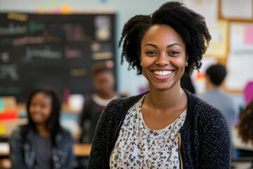 A joyful Black adult education teacher, smiling warmly, stands with a diverse group of students in a well-lit classroom. The background features classroom supplies, a chalkboard, and a friendly