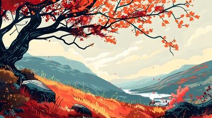 Wall Mural - Autumn Landscape Painting With a Tree