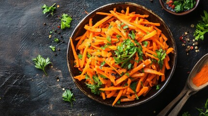 Spiced carrot salad on rustic background