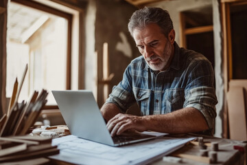 A middle-aged Caucasian architect, focused and engaged, uses a laptop to review blueprints while overseeing a house remodeling project. The setting includes a partially renovated room, construction