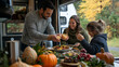 © irissca - Family enjoying a Thanksgiving meal together in an RV while traveling through nature's autumn beauty