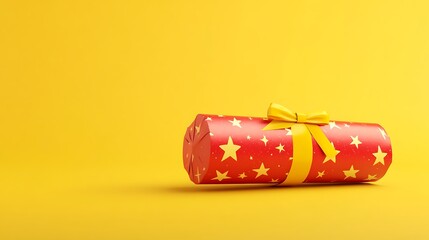 Festive 3D Christmas Cracker in Minimalistic Style on Yellow Background - Side View Isolated Holiday Decor