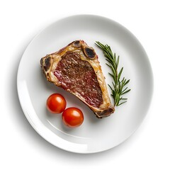 Grilled steak with cherry tomatoes and rosemary garnish on a white plate